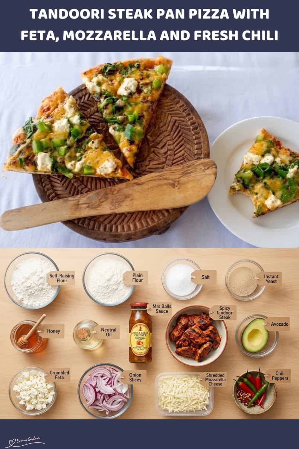 An image of a tray of Tandoori Steak Pan Pizza with avocado, feta, chili and mozzarella