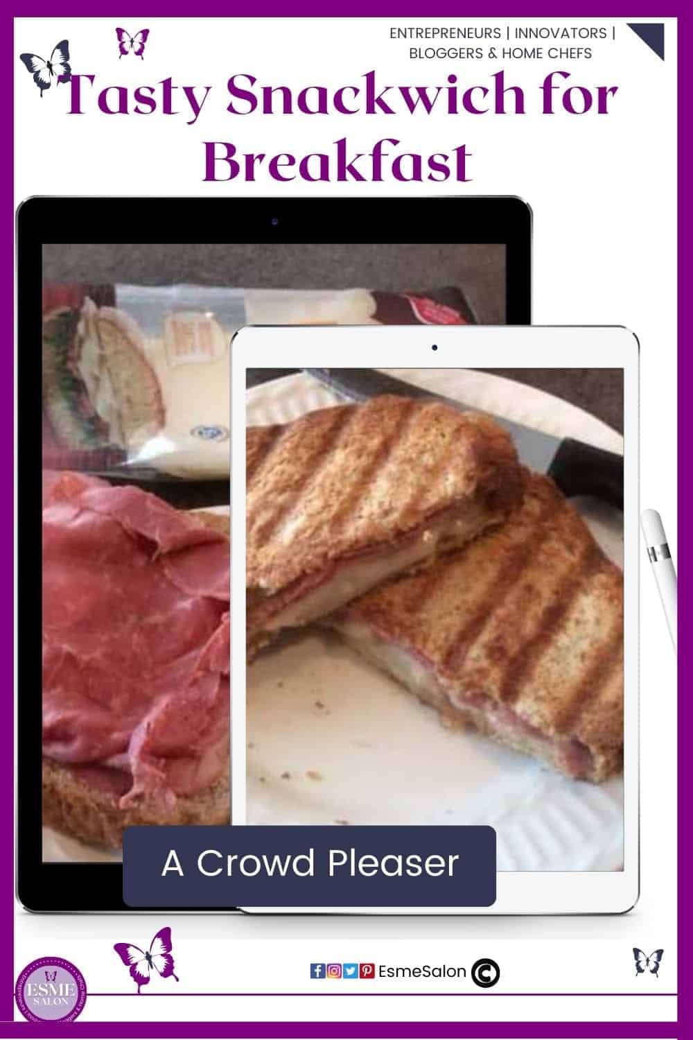 an image of an open sandwich with corned beef, onion and cheese on the side on a white side plate as well as an already toasted Snackwich for Breakfast