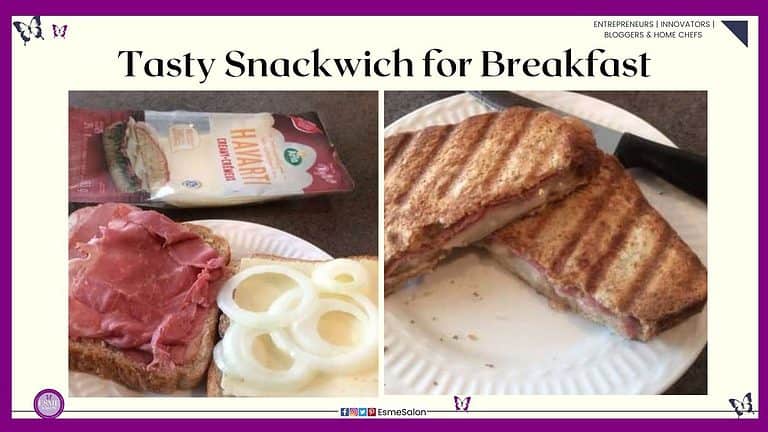 an image of an open sandwich with corned beef, onion and cheese on the side on a white side plate as well as an already toasted Snackwich for Breakfast