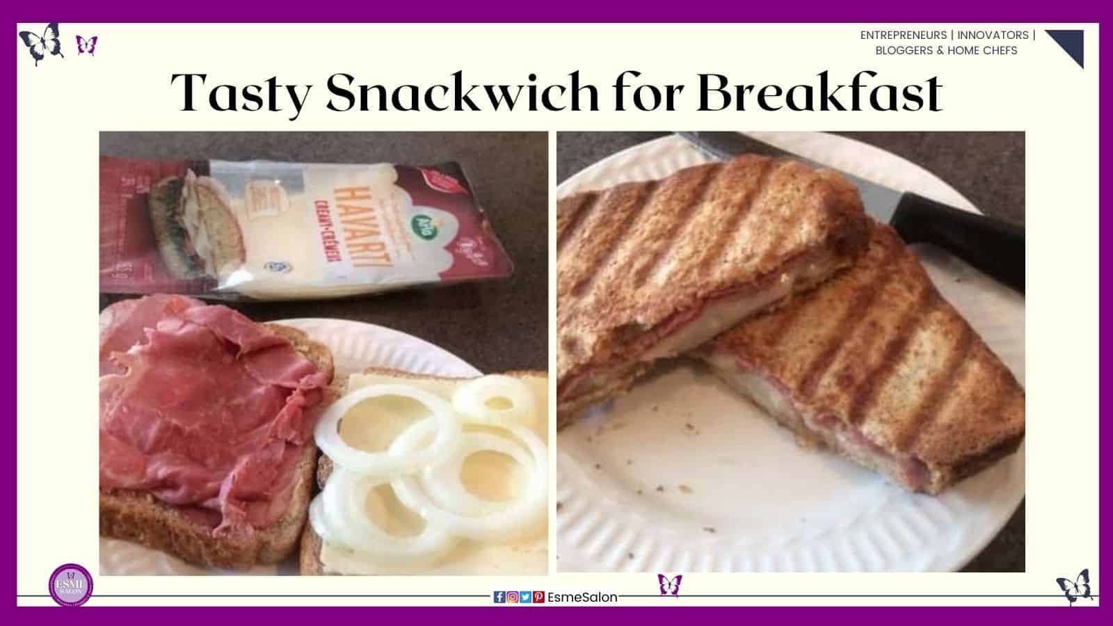 an image of an open sandwich with corned beef, onion and cheese on the side on a white side plate as well as an already toasted Snackwich for Breakfast