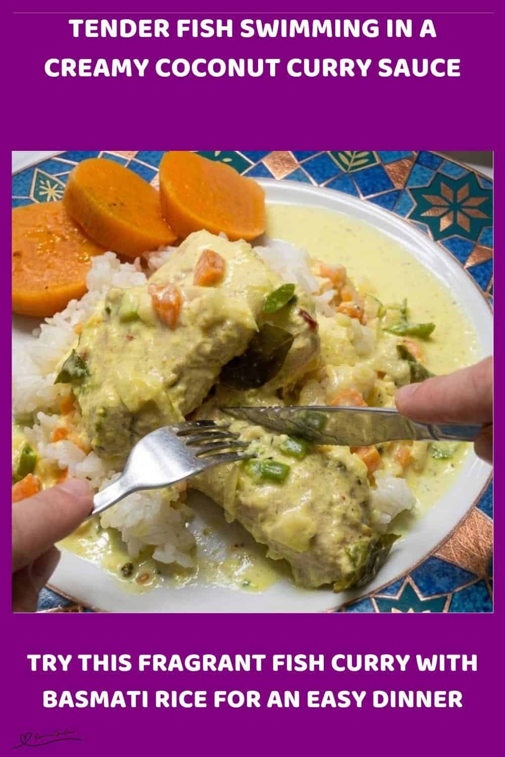 An image of a plate filled with Angel fish in a Creamy Coconut Curry sauce, served with rice and cooked butternut