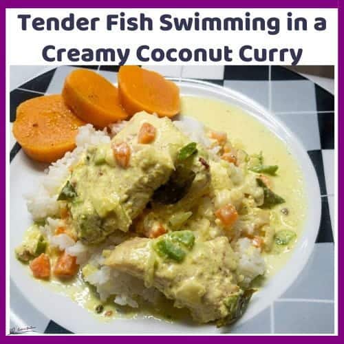 An image of a plate filled with Angel fish in a Creamy Coconut Curry sauce, served with rice and cooked butternut