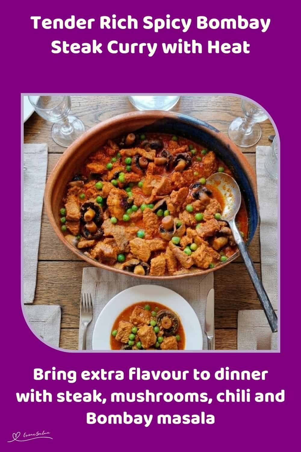 An image of a plate of Bombay Steak Curry with mushrooms and bold curry spices