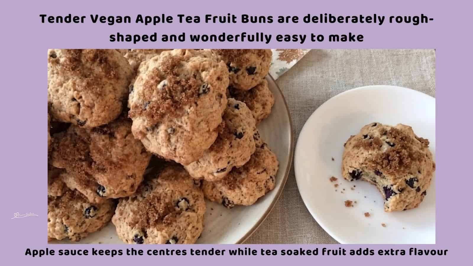 An image of a plate of Vegan Tea soaked Fruit Buns topped with Demerara Sugar