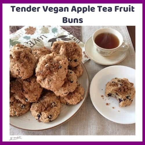An image of a plate of Vegan Tea soaked Fruit Buns topped with Demerara Sugar