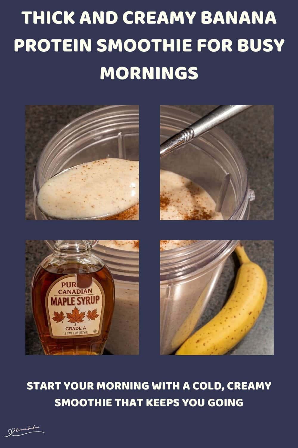 An image of a Vegan Banana Protein Smoothie, with almond milk, cashew butter and maple syrup