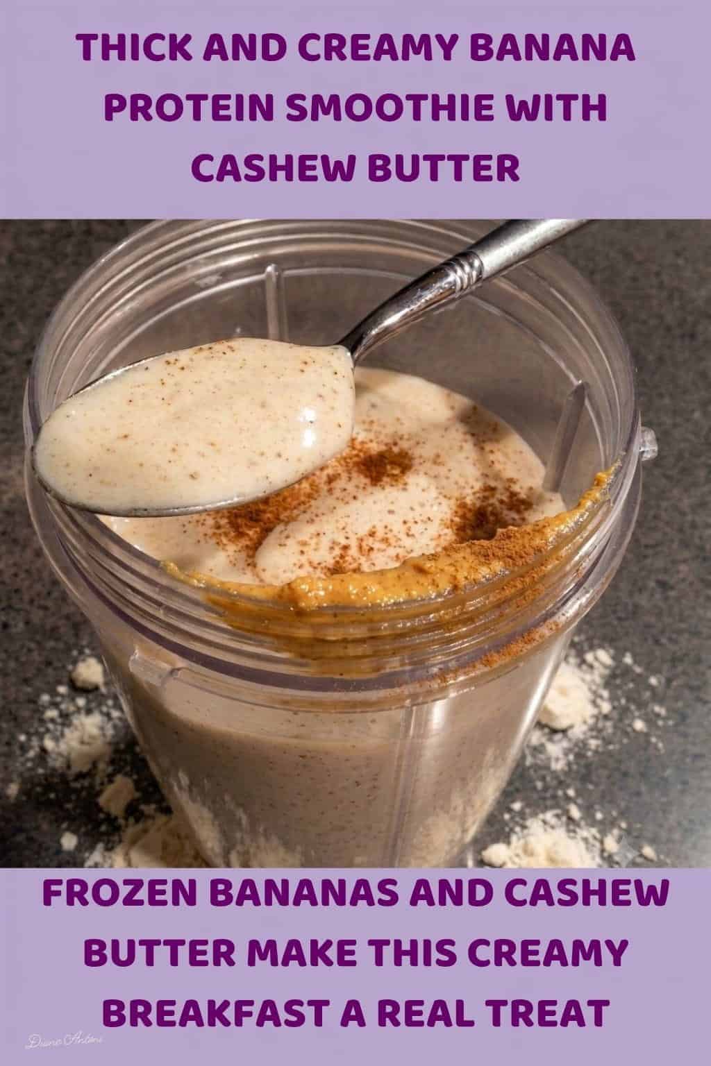 An image of a Vegan Banana Protein Smoothie, with almond milk, cashew butter and maple syrup
