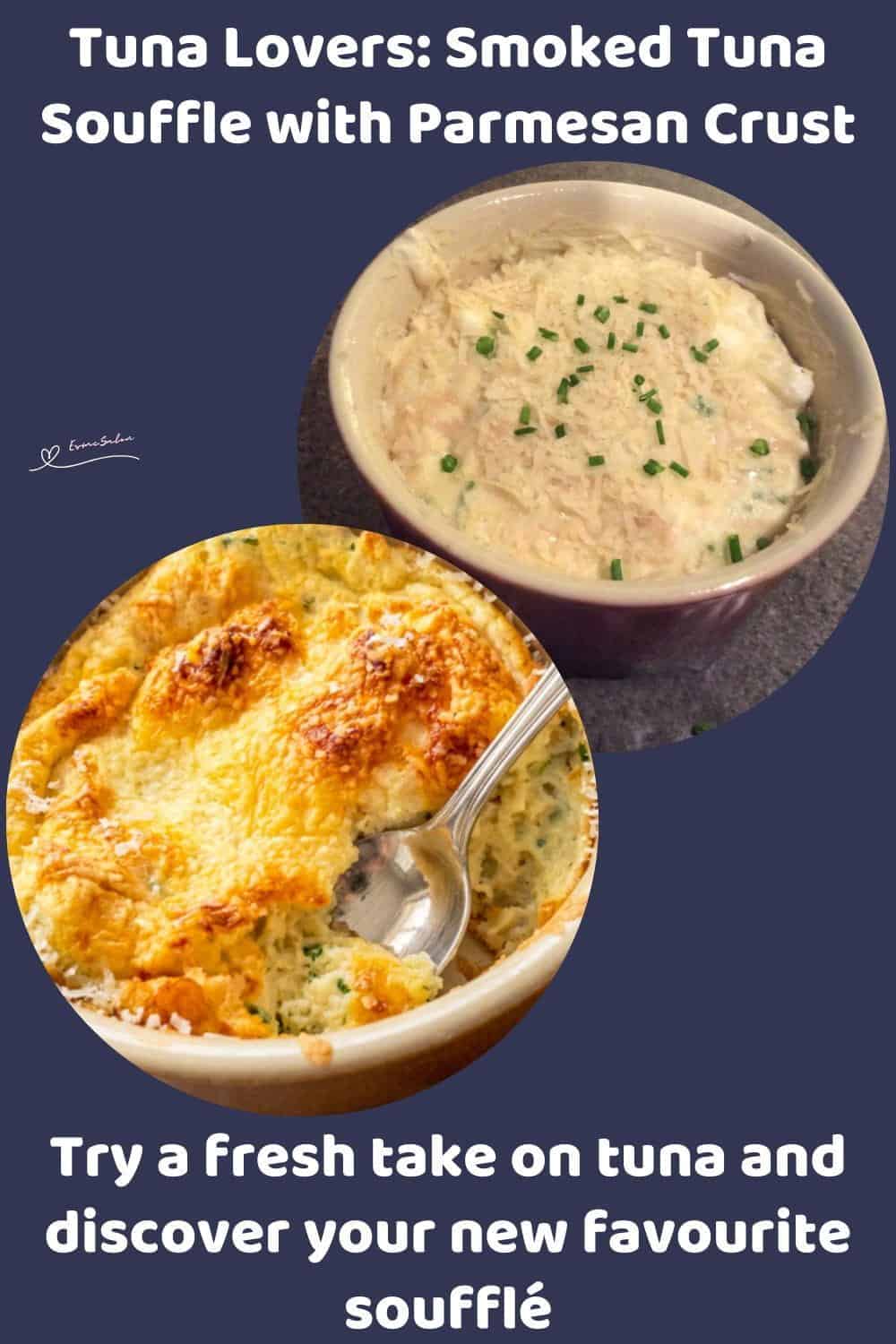 An image of a ramekin with Smoked Tuna Souffle with a Parmesan Crust