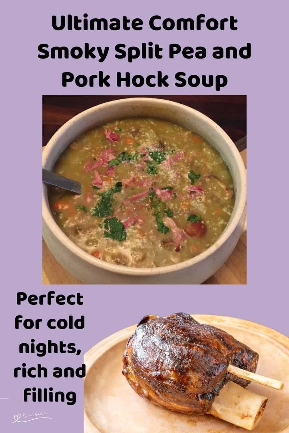 An image of a soup bowl with Smoky Split Pea and Pork Hock Soup