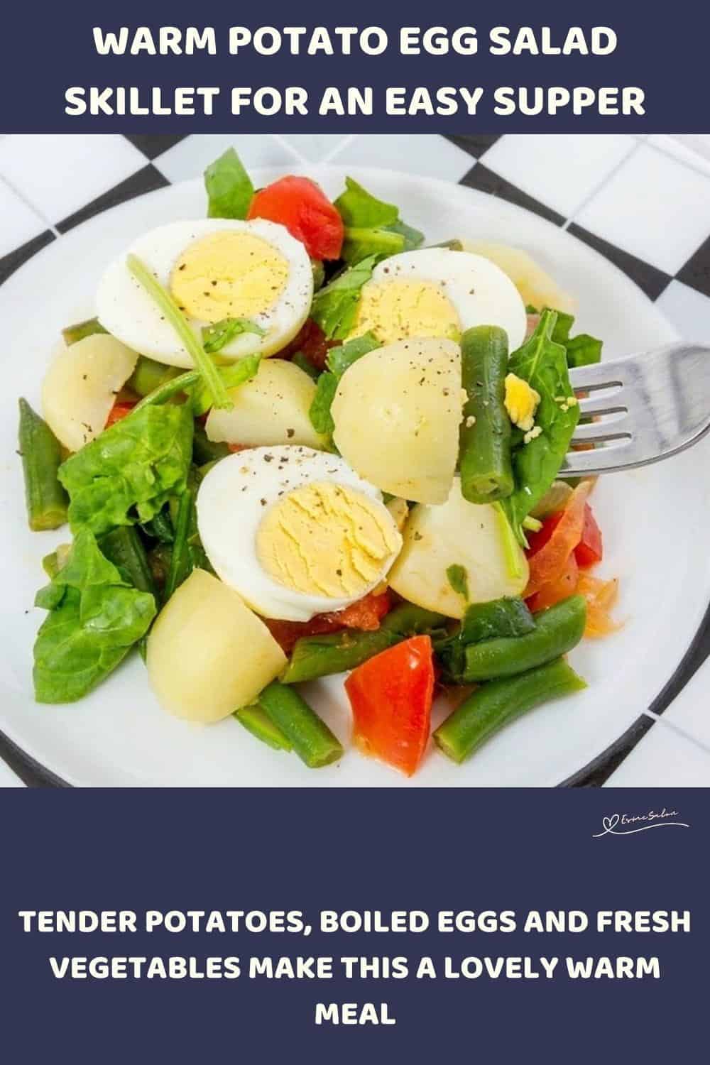 An image of a plate of Warm Potato Egg Salad Skillet with onion, green beans, tomato and baby spinach