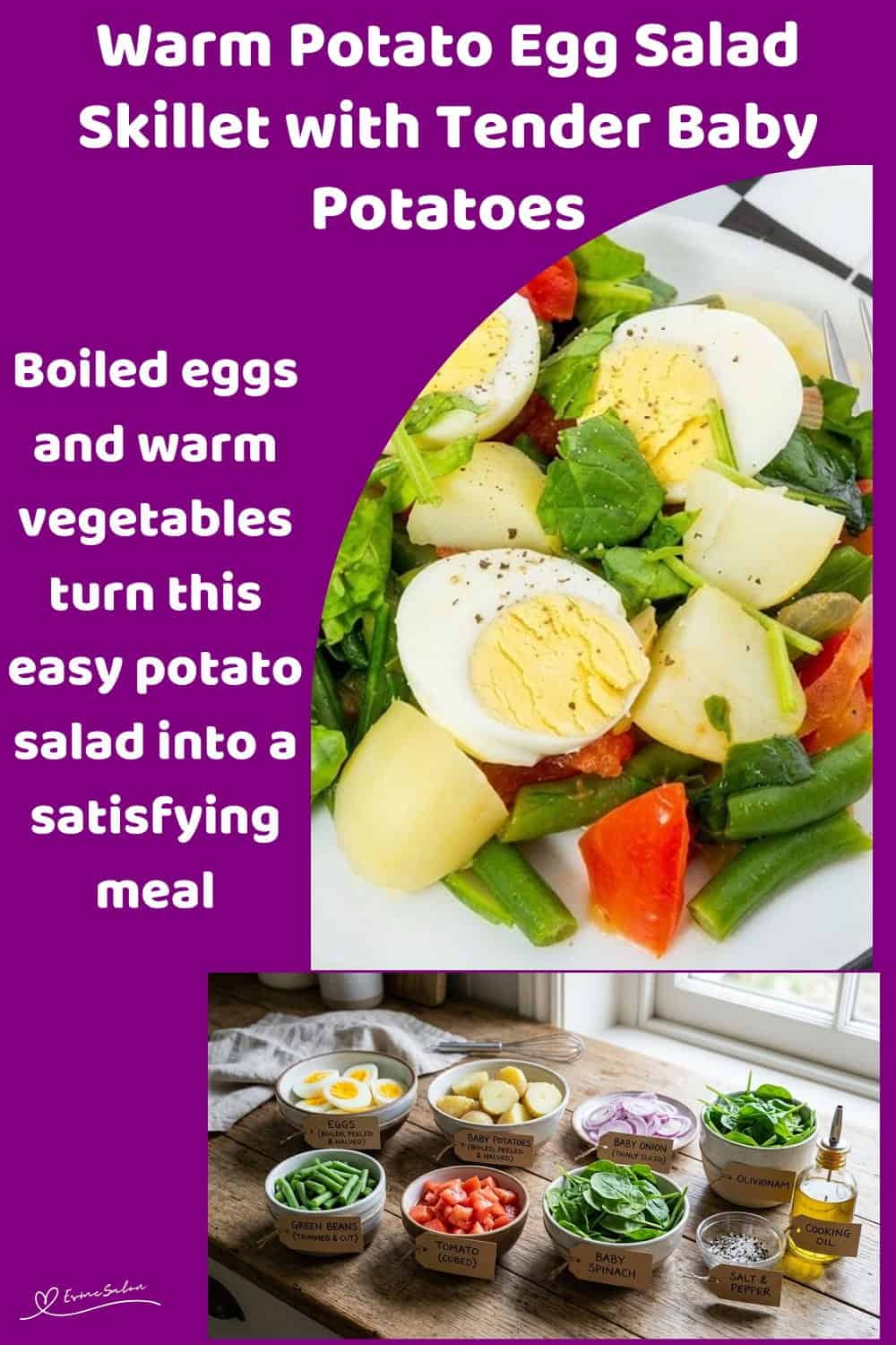 An image of a plate of Warm Potato Egg Salad Skillet with onion, green beans, tomato and baby spinach