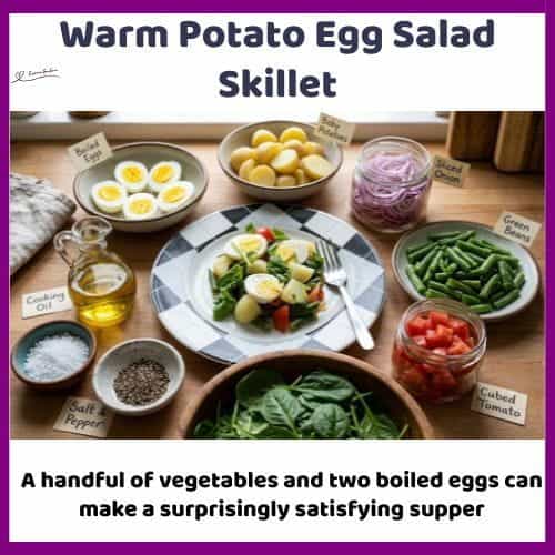 An image of a plate of Warm Potato Egg Salad Skillet with onion, green beans, tomato and baby spinach