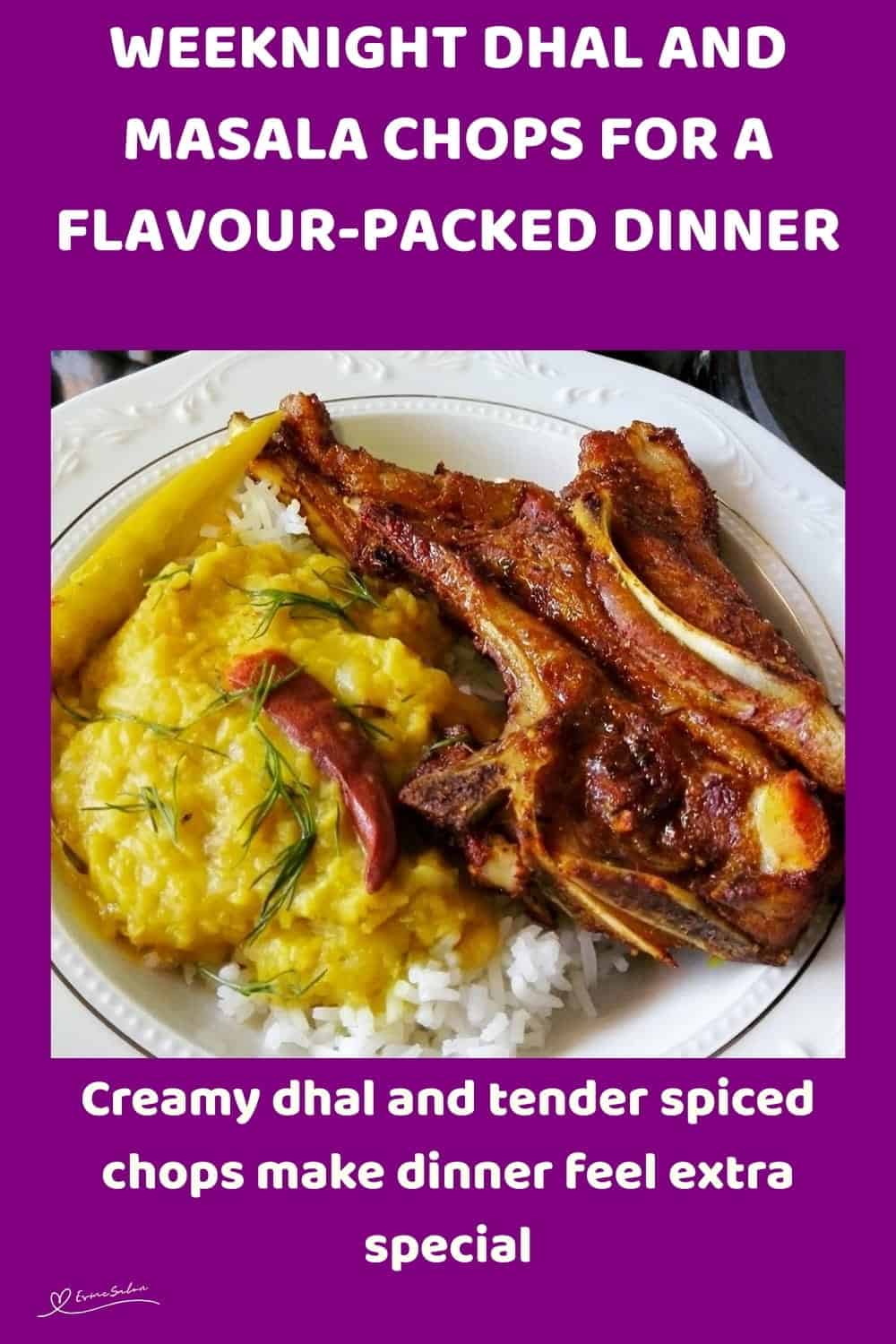 An image of a plate filled with Buttery Dhal with Garlic and Juicy Masala Chops