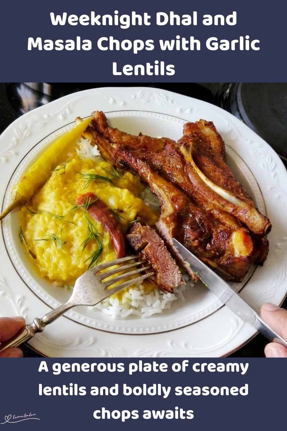 An image of a plate filled with Buttery Dhal with Garlic and Juicy Masala Chops