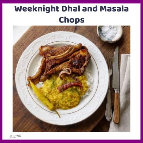 An image of a plate filled with Buttery Dhal with Garlic and Juicy Masala Chops