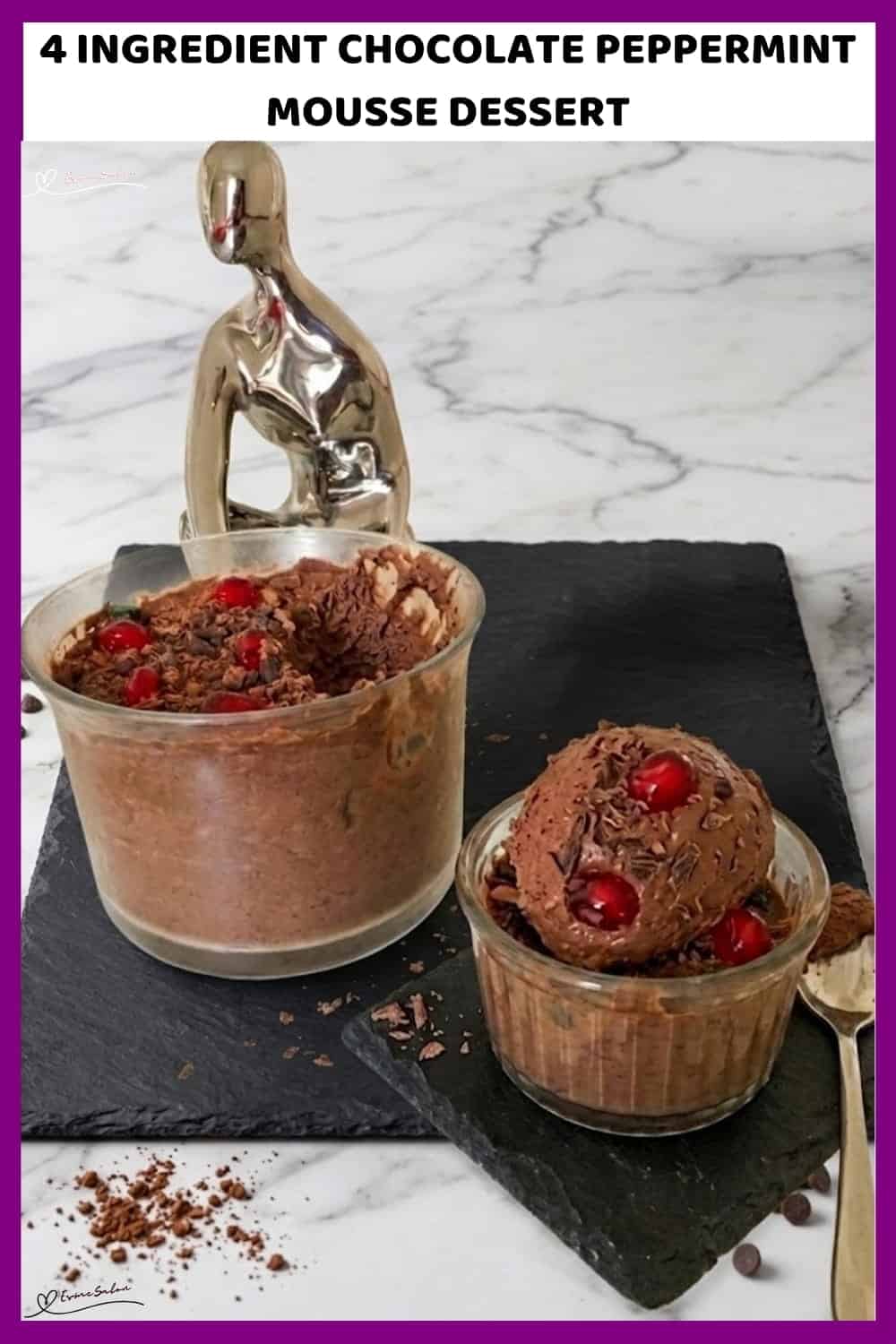 An image of a bowl of Chocolate Peppermint Mousse with instant pudding, cream and Peppermint Crisp
