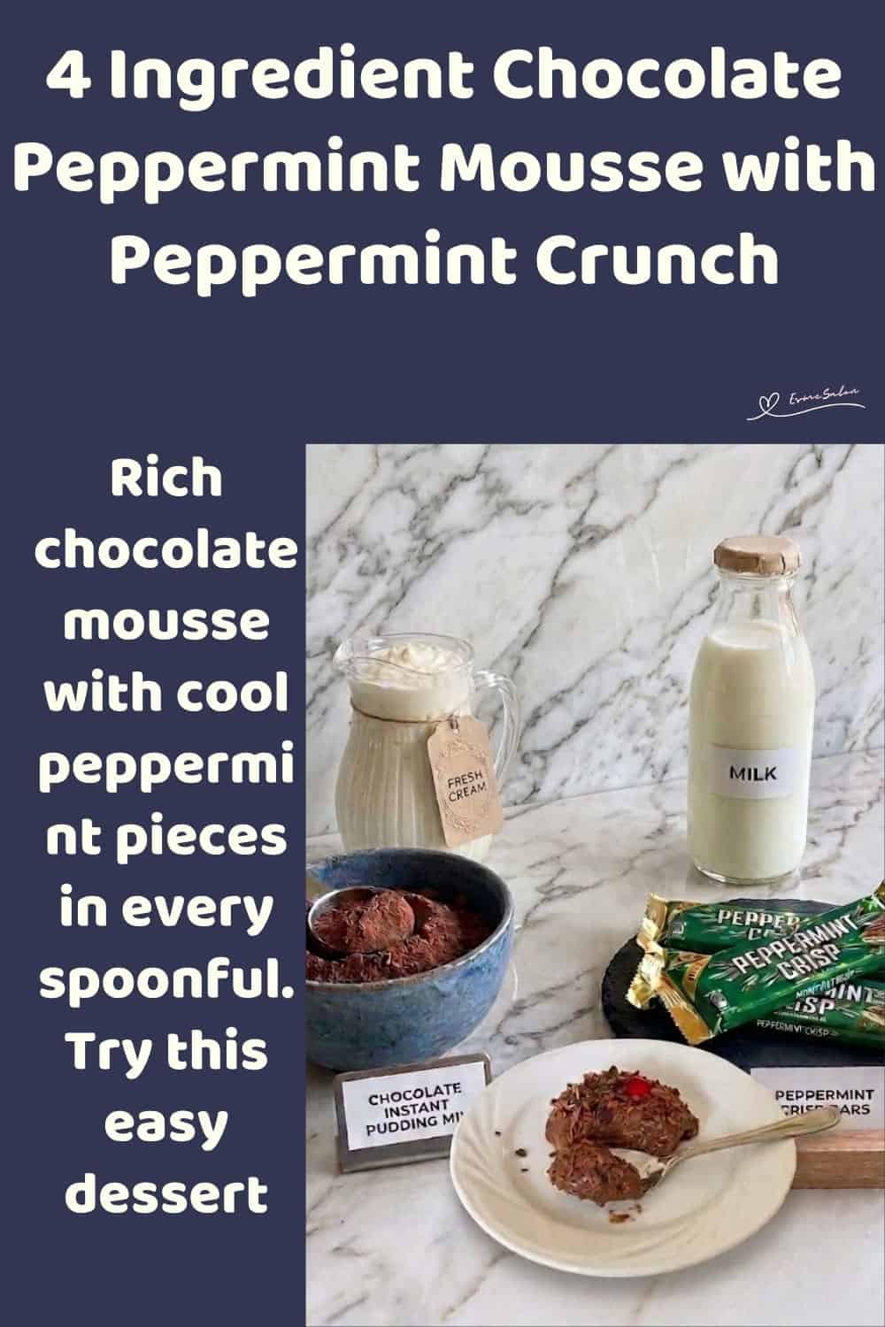 An image of a bowl of Chocolate Peppermint Mousse with instant pudding, cream and Peppermint Crisp