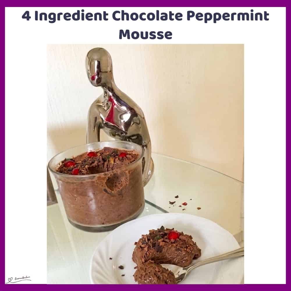 An image of a bowl of Chocolate Peppermint Mousse with instant pudding, cream and Peppermint Crisp