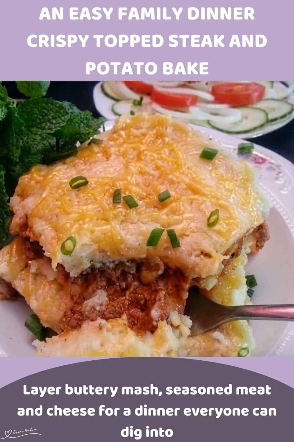 An image of a plate with Crispy Topped Steak and Potato Bake with buttery mashed potatoes with seasoned meat, onions and tomatoes