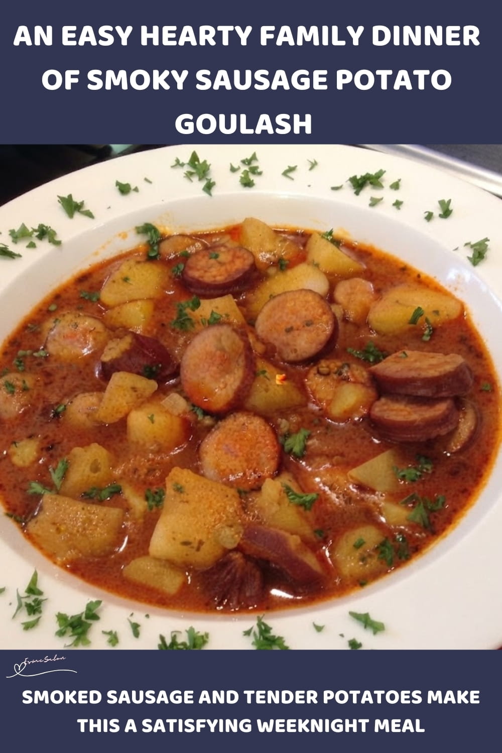 An image of a plate with Sausage Potato Goulash, with smoked Russian sausage and onions