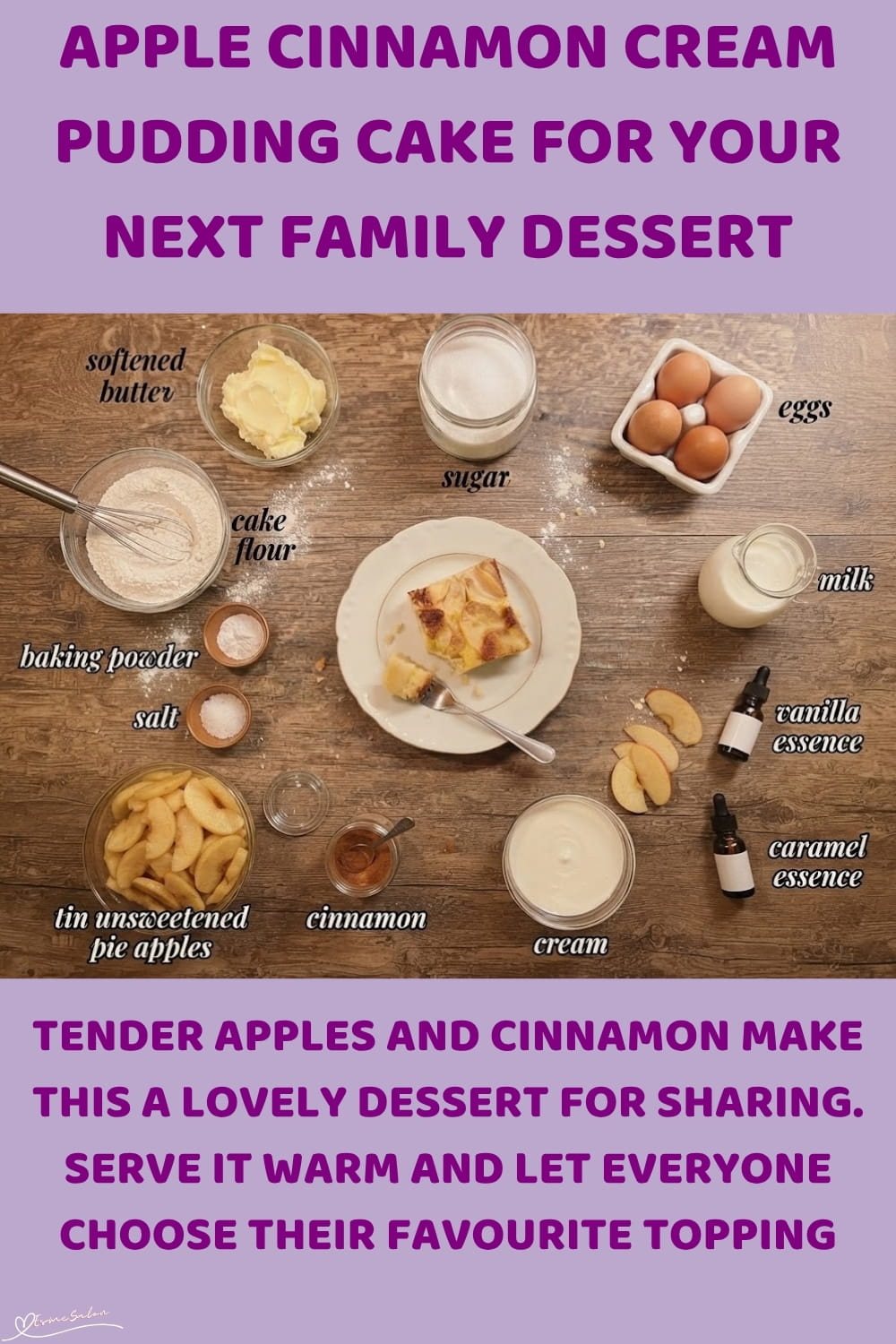 An image of a large Apple Cinnamon-flavoured Cream Pudding Cake with tinned pie apples