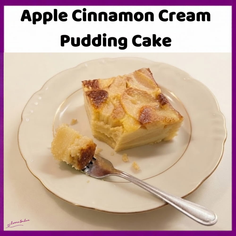 An image of a large Apple Cinnamon-flavoured Cream Pudding Cake with tinned pie apples