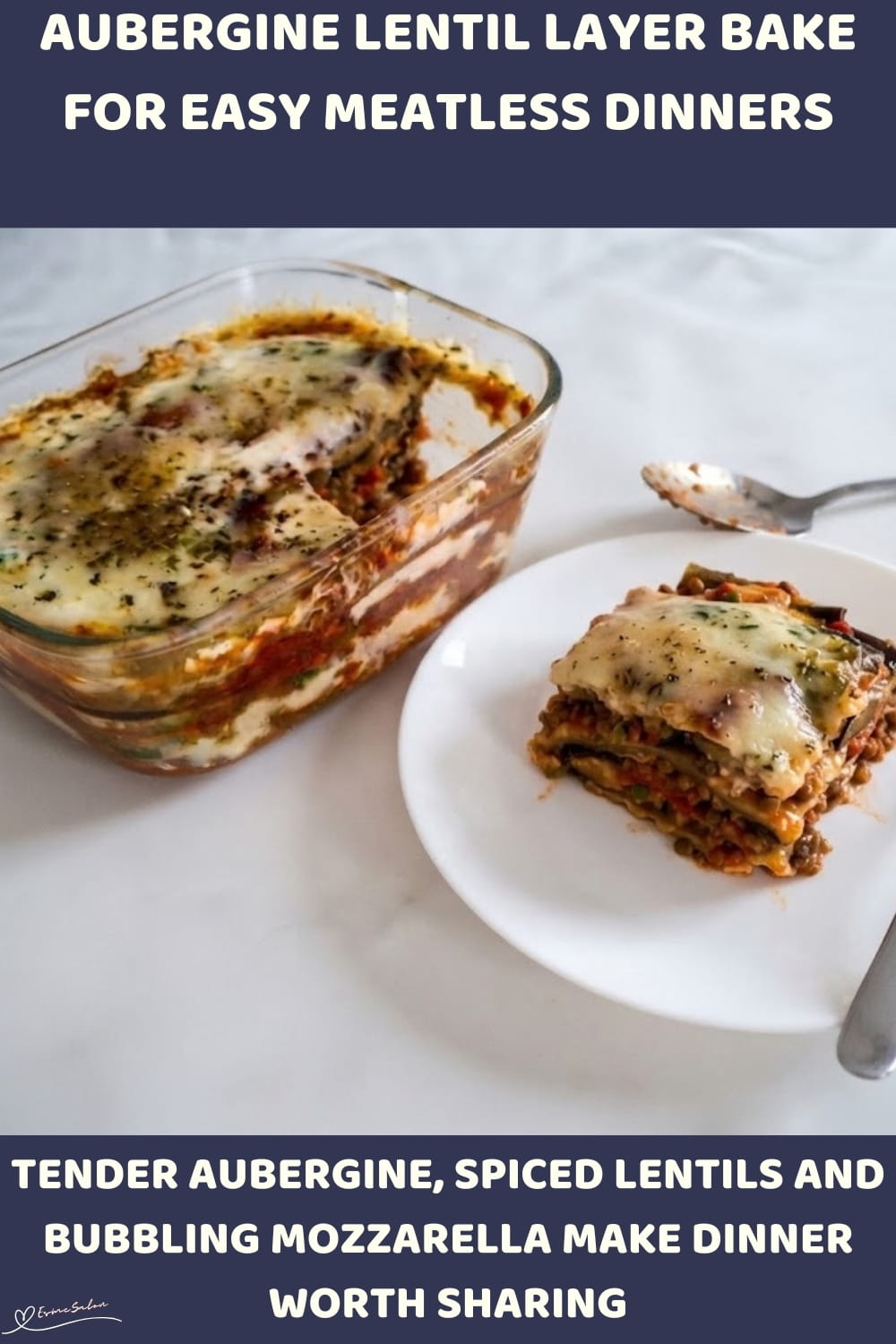 An image of a dish with a Vegetarian Aubergine Lentil Layer Bake with mozzarella cheese