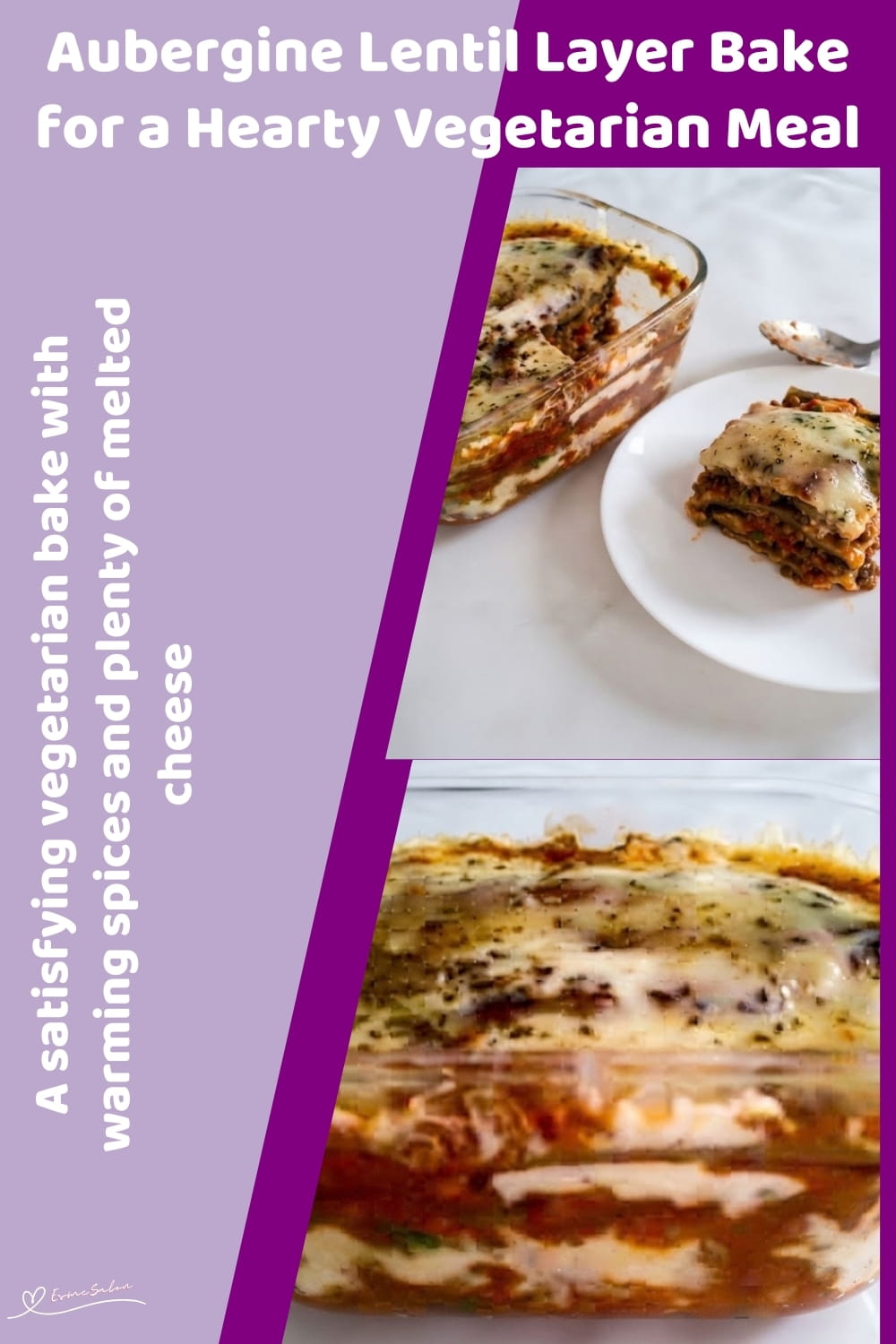 An image of a dish with a Vegetarian Aubergine Lentil Layer Bake with mozzarella cheese