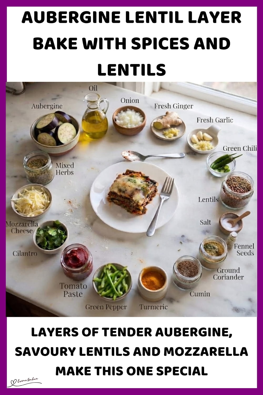 An image of a dish with a Vegetarian Aubergine Lentil Layer Bake with mozzarella cheese