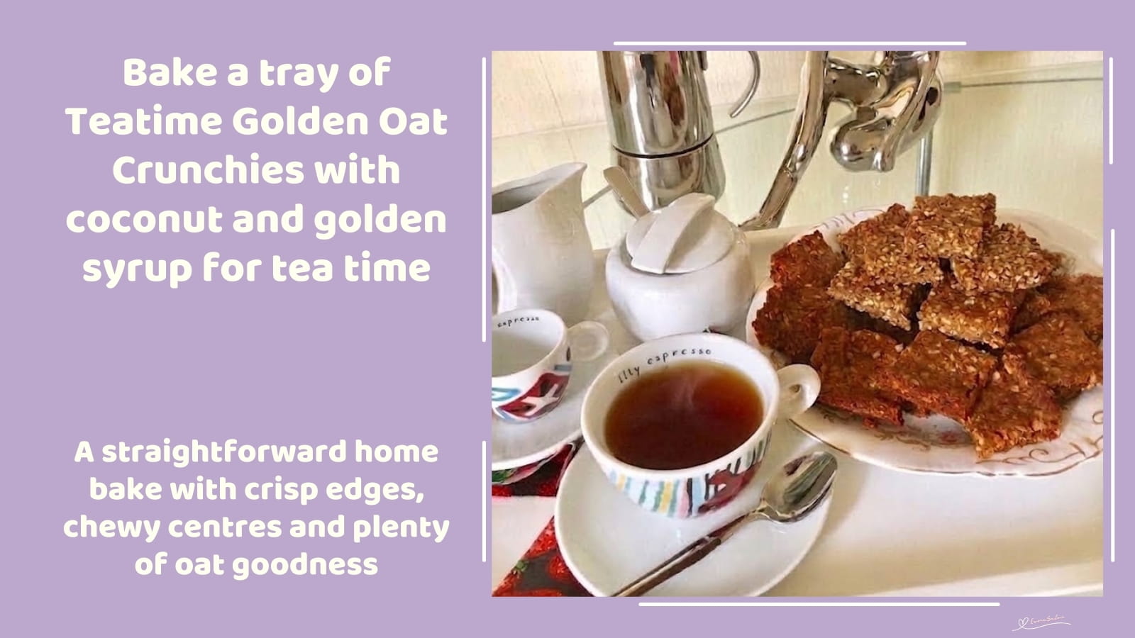 An image of a plate of Teatime Golden Oat Crunchies set out with cups for tea