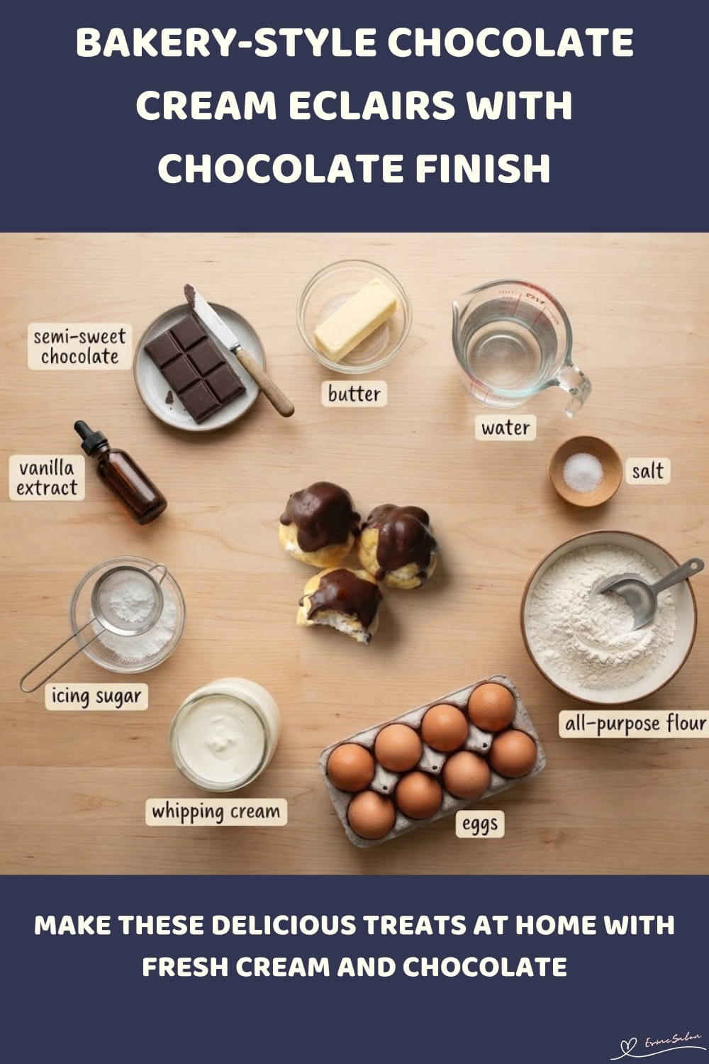 An image of a baking tray with Chocolate Cream Eclairs with Chocolate Finish
