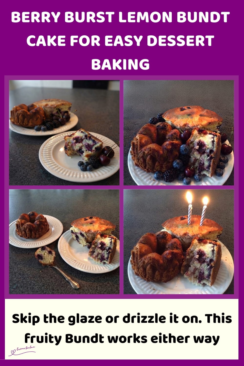An image of a Lemon Bundt Cake with blueberries, blackberries and dark sweet cherries