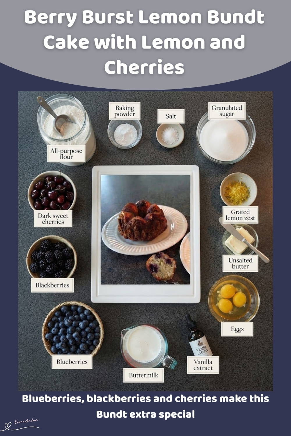 An image of a Lemon Bundt Cake with blueberries, blackberries and dark sweet cherries