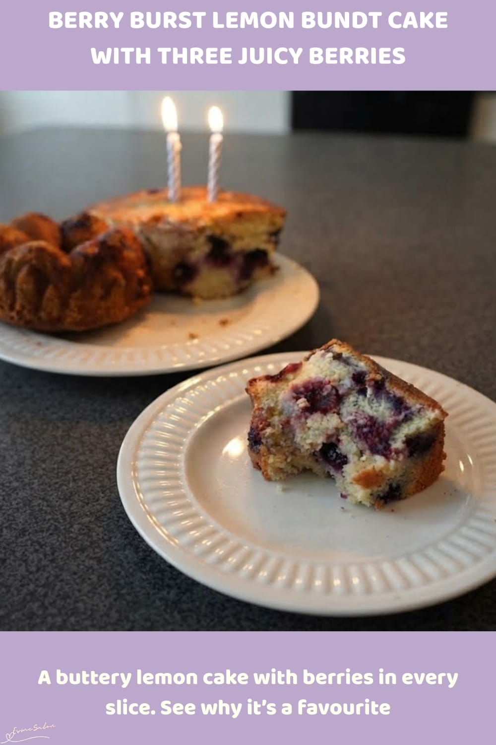 An image of a Lemon Bundt Cake with blueberries, blackberries and dark sweet cherries