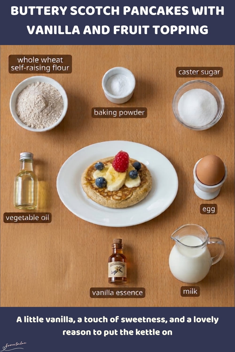 An image of a stack of Whole Wheat Scotch pancakes/drop Scones with milk and egg