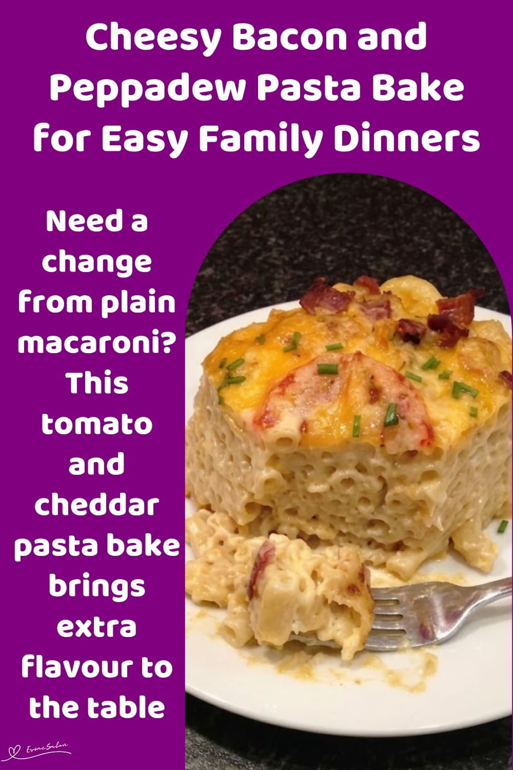 An image of a dish of Cheesy Bacon and Peppadew Pasta Bake with Extra Cheddar and slices of tomato