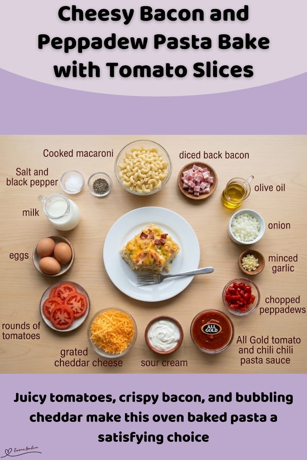An image of a dish of Cheesy Bacon and Peppadew Pasta Bake with Extra Cheddar and slices of tomato
