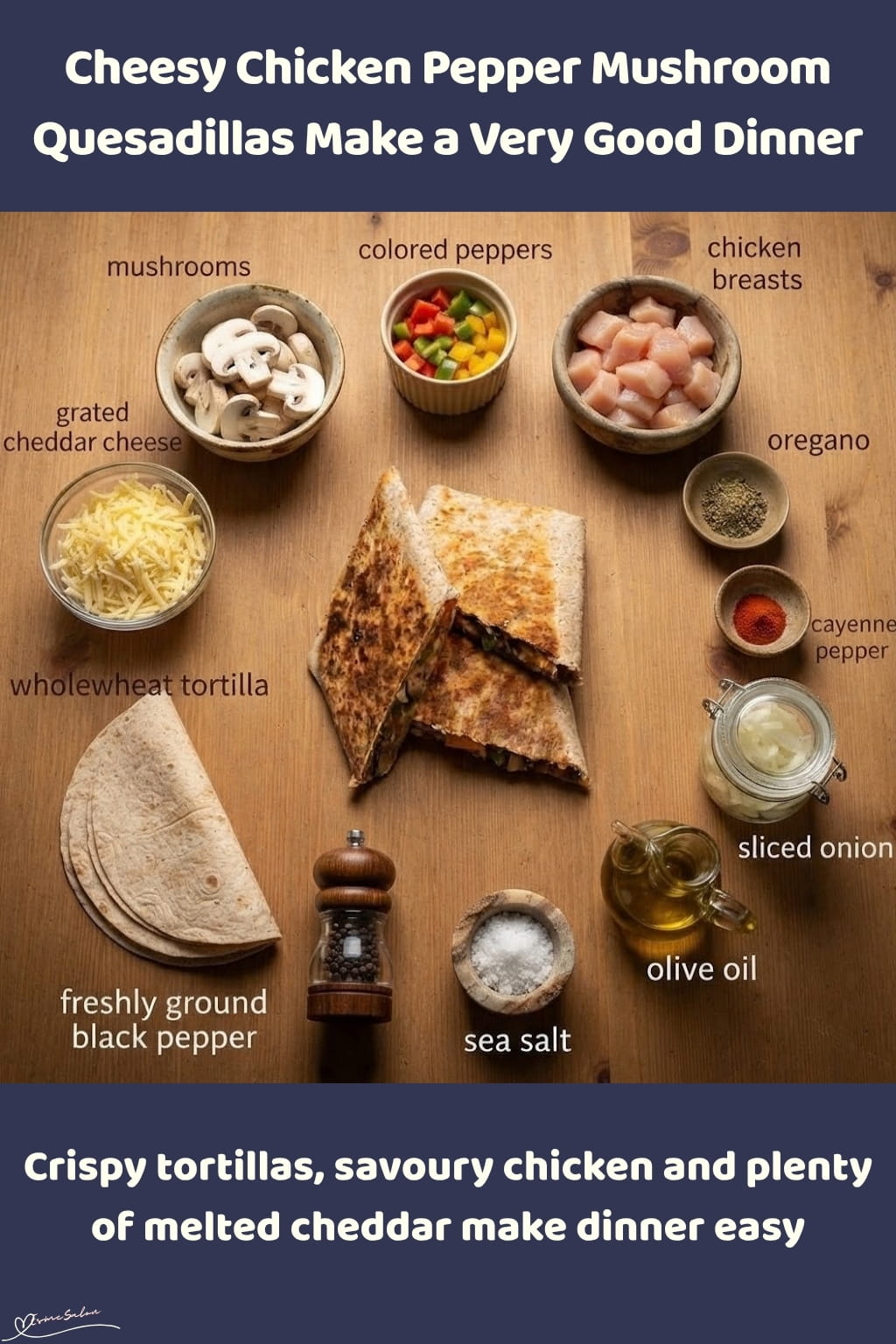 An image of Juicy Chicken, Sautéed Mushrooms, Peppers and Cheddar Quesadillas