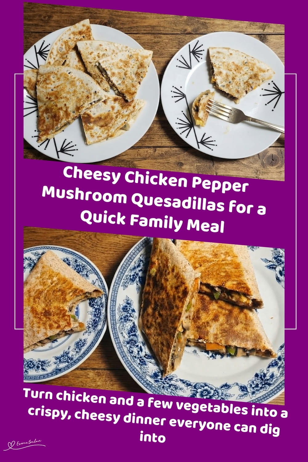 An image of Juicy Chicken, Sautéed Mushrooms, Peppers and Cheddar Quesadillas