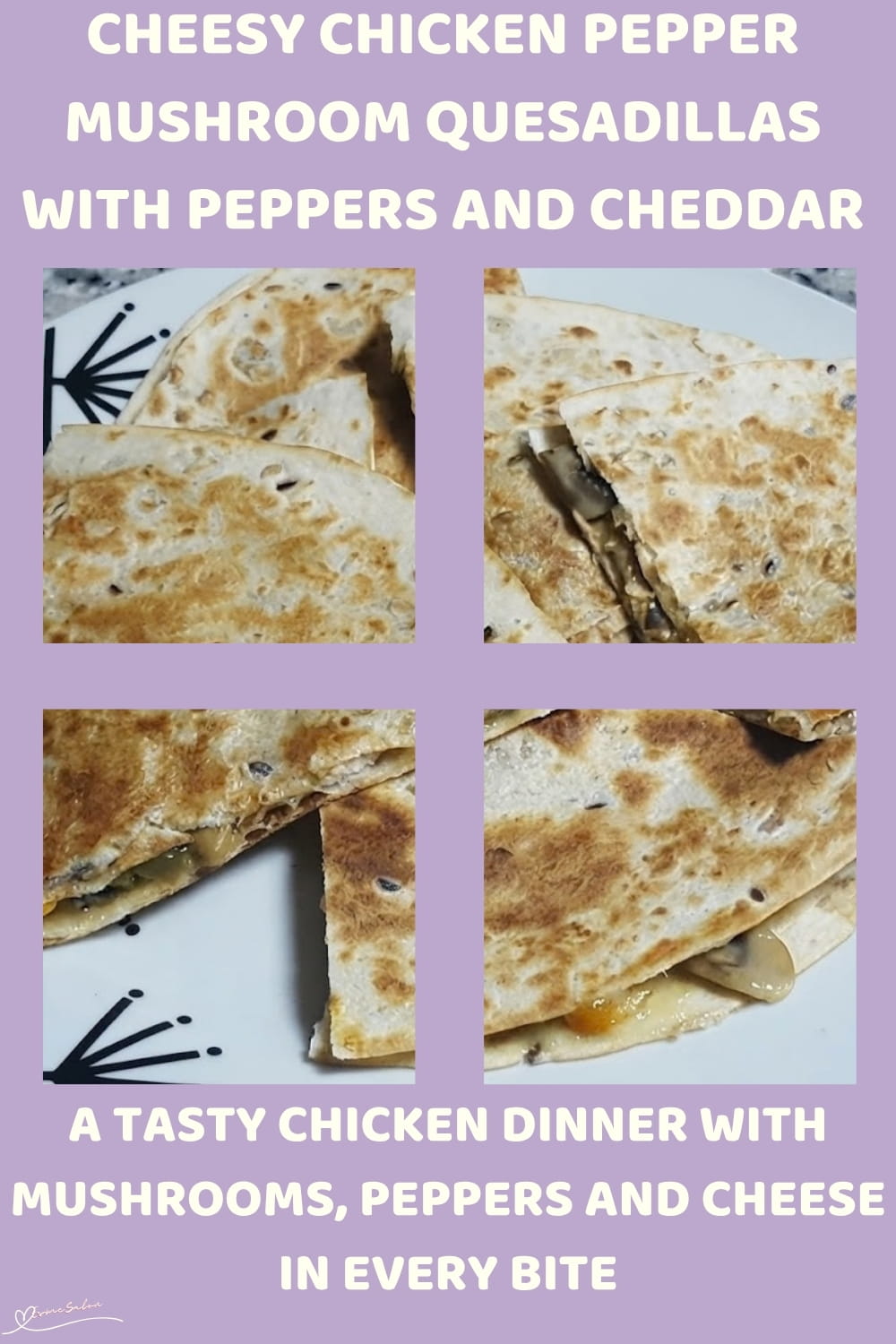An image of Juicy Chicken, Sautéed Mushrooms, Peppers and Cheddar Quesadillas