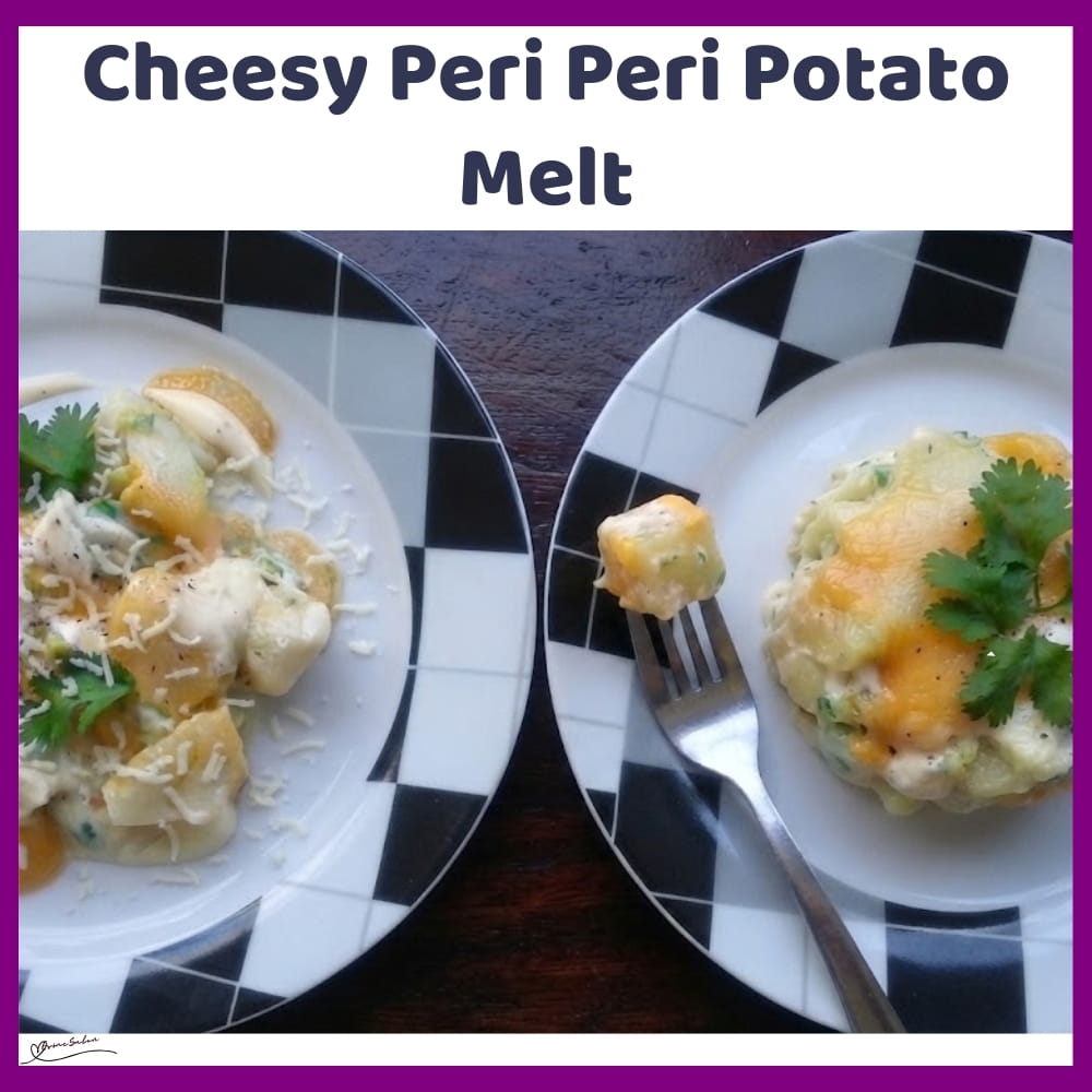 An image of a plate of Cheesy Peri Peri Potato Melt with cream cheese and Greek yogurt