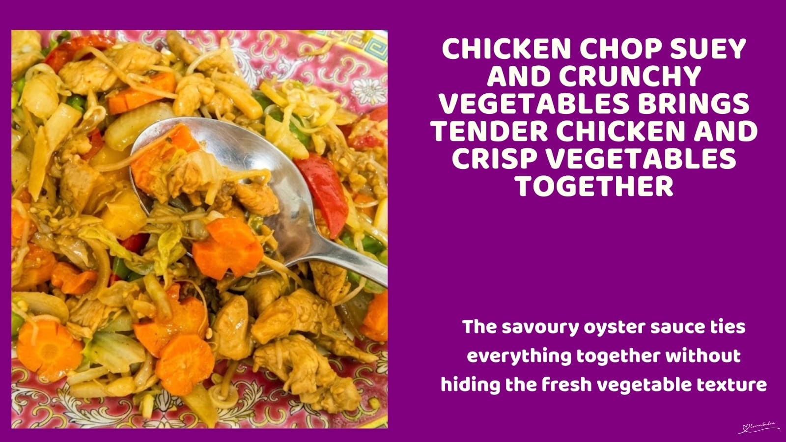 An image of a plate of Chicken Chop Suey and Crunchy Vegetables: cabbage, trio peppers, water chestnuts and bamboo shoots