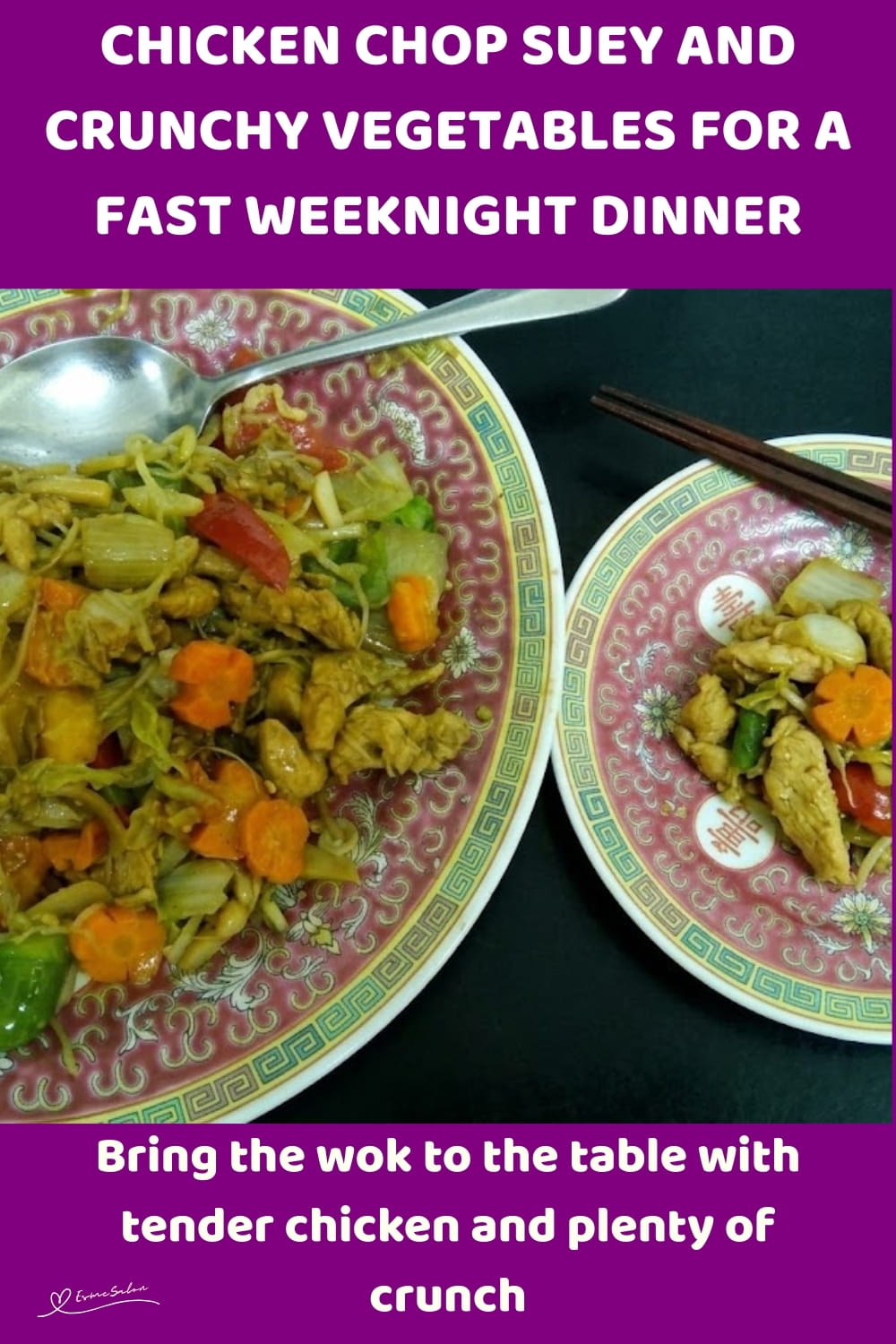 An image of a plate of Chicken Chop Suey and Crunchy Vegetables: cabbage, trio peppers, water chestnuts and bamboo shoots