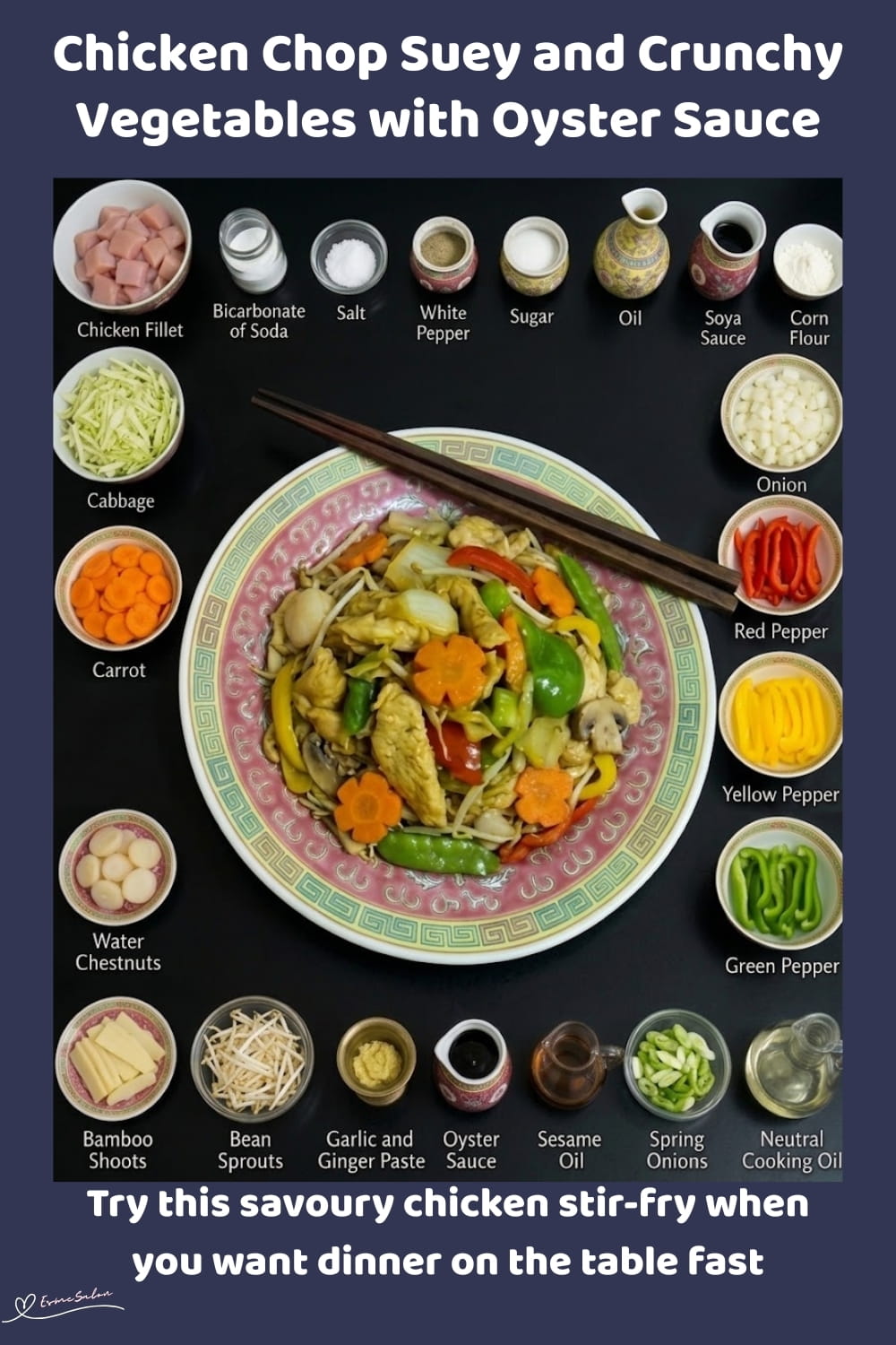 An image of a plate of Chicken Chop Suey and Crunchy Vegetables: cabbage, trio peppers, water chestnuts and bamboo shoots
