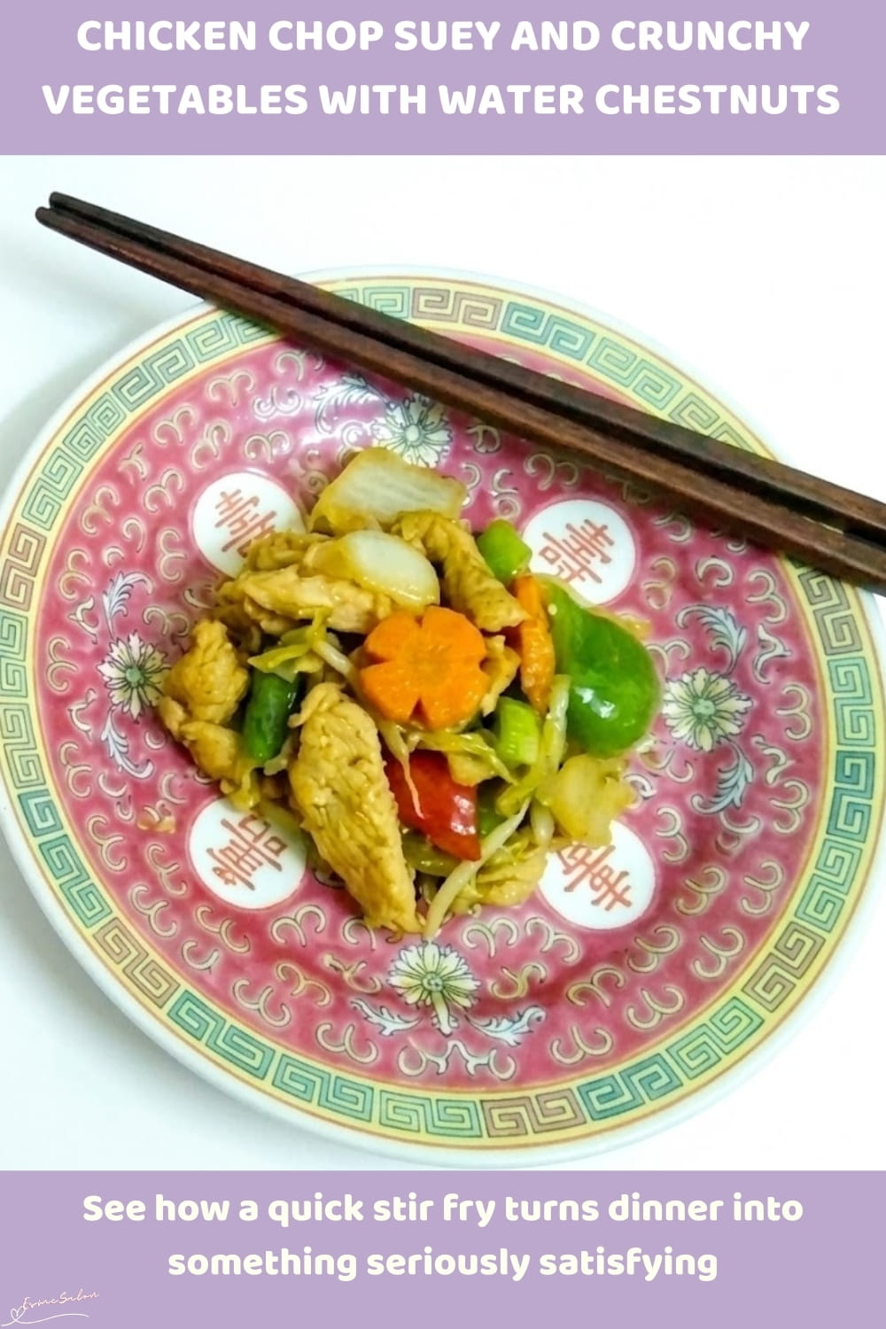 An image of a plate of Chicken Chop Suey and Crunchy Vegetables: cabbage, trio peppers, water chestnuts and bamboo shoots