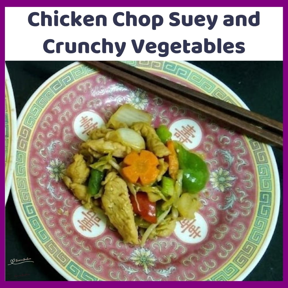 An image of a plate of Chicken Chop Suey and Crunchy Vegetables: cabbage, trio peppers, water chestnuts and bamboo shoots