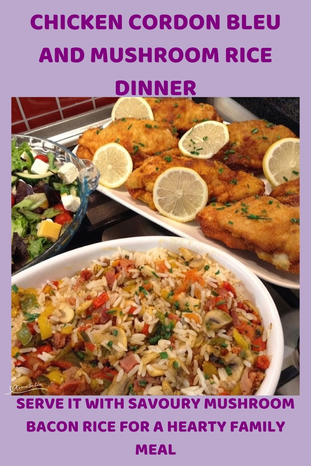 An image of a plate with Chicken Cordon Bleu stuffed with cheese and savoury mushroom bacon rice