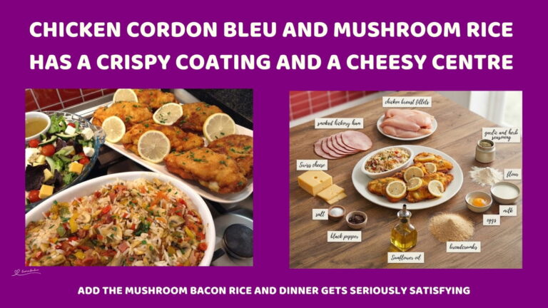 An image of a plate with Chicken Cordon Bleu stuffed with cheese and savoury mushroom bacon rice
