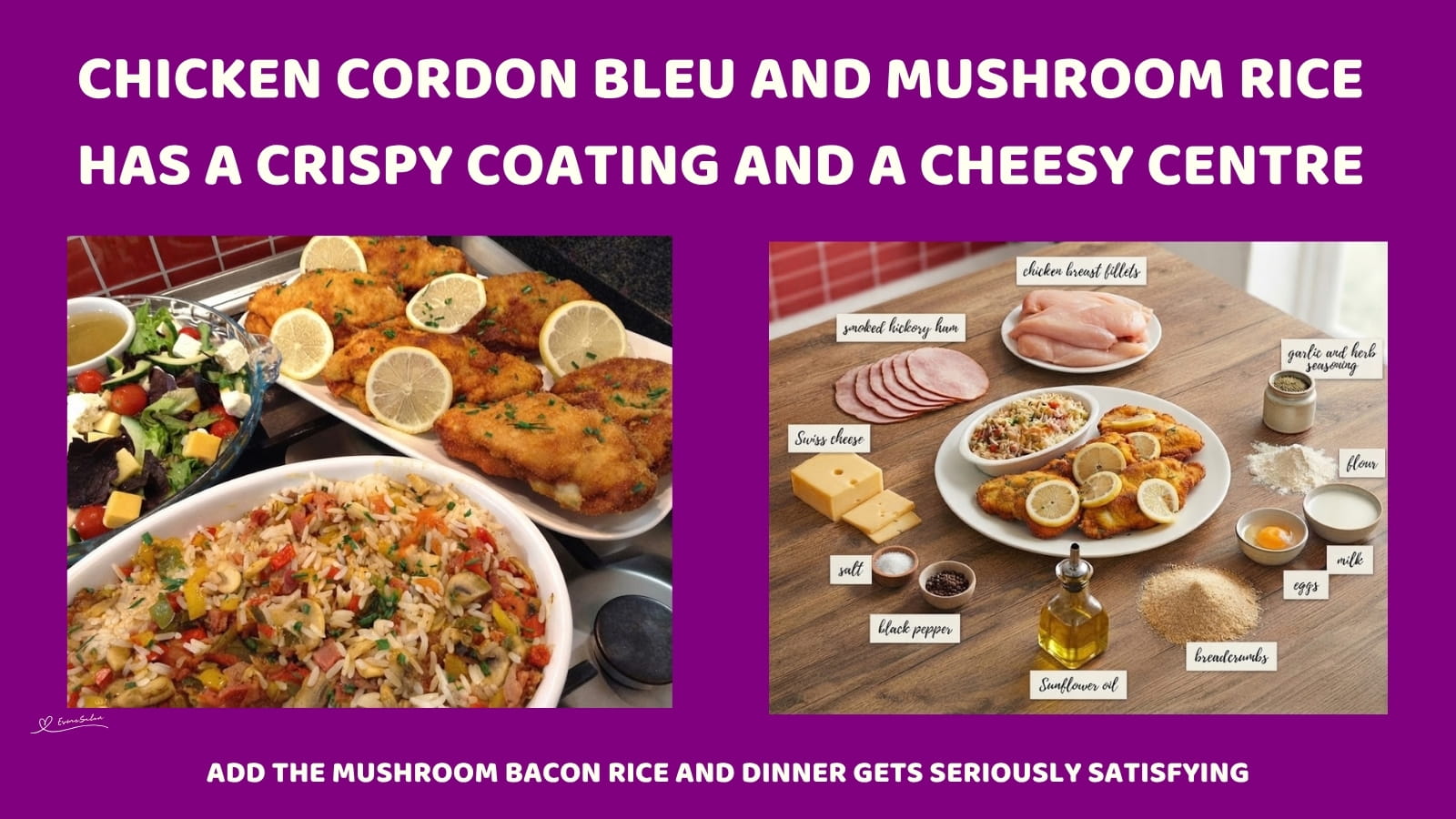 An image of a plate with Chicken Cordon Bleu stuffed with cheese and savoury mushroom bacon rice