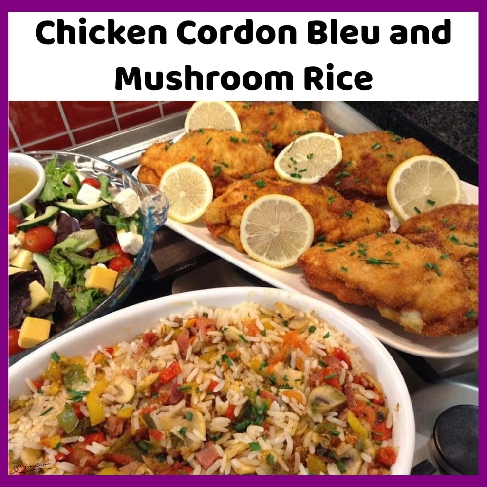 An image of a plate with Chicken Cordon Bleu stuffed with cheese and savoury mushroom bacon rice